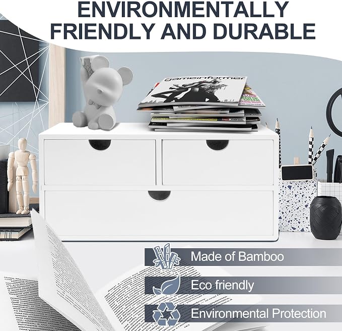 Charmewooden desk organizer with drawers countertop drawer organizer Tabletop Storage Organization Box Home Office Workspace Bathroom Toiletries Supplies (white) - Image 4