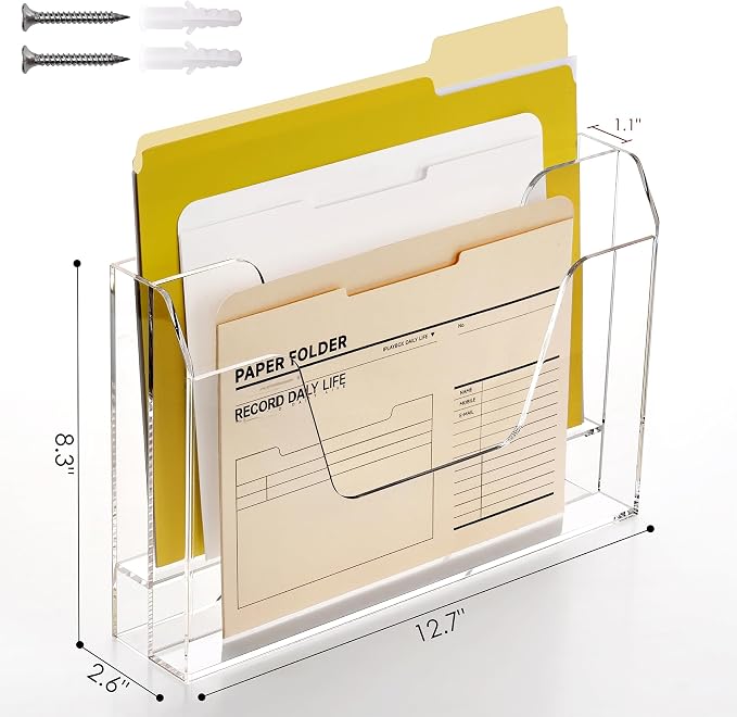 DINGHUO Wall Hanging File Organizer, Acrylic Mail Organizer wall mounted File Holder, Clear 2 Tier Folder Paper Document Magazine Rack for Desk Office School Home - 1 Pack - Image 3