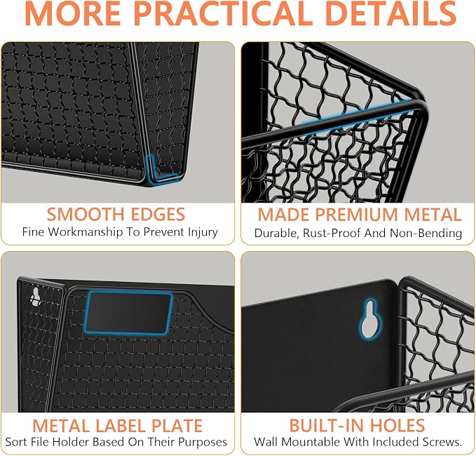 MFTEK Magnetic File Holder, 2 Pockets Magnetic File Folder Holder No Drilling Magnet Paper Mail Organizer Magazine Basket, Hanging Wall Storage Rack for Fridge Cabinets Office Classroom - Image 4