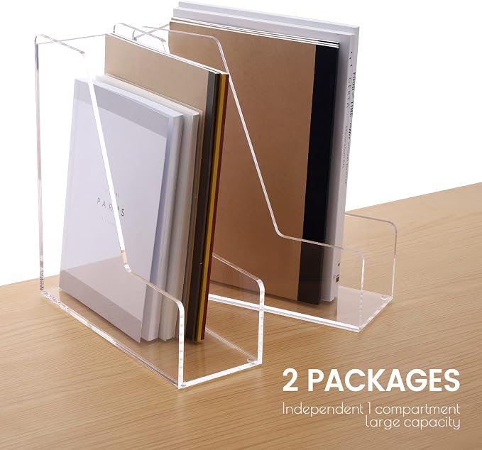 HeZone Magazine Holder, Clear Acrylic Desk Organizers, File Organizer for Desk, Magazine Rack- Desktop Book Storage -Independent Vertical 1 Space-2 Pack - Image 6
