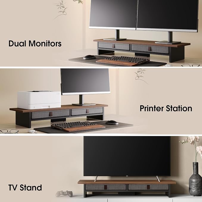 Fenge 35 Inch Monitor Stand with Drawer Storage, Computer Riser for Desk | Wooden Computer Shelf, 2 Tiers, for Dual Monitor/Laptop/PC/TV/Printer up to 55Lbs, Home Office Desk Organizer - Image 6