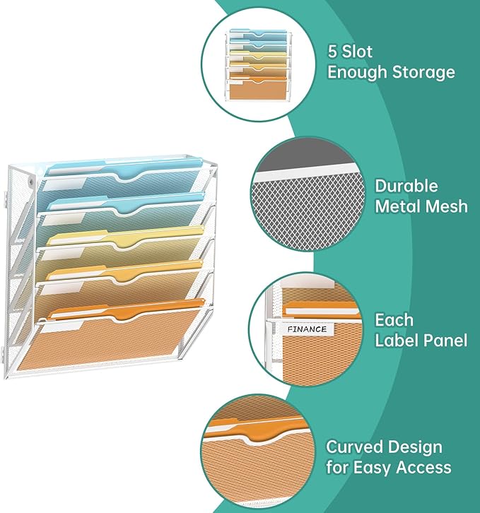 5 Tier Wall File Organizer, Hanging Wall Mounted Mail Organizer with Label Slots, Metal Mesh File Holder Magazine Rack for Office, Home, School or Classroom, White - Image 3