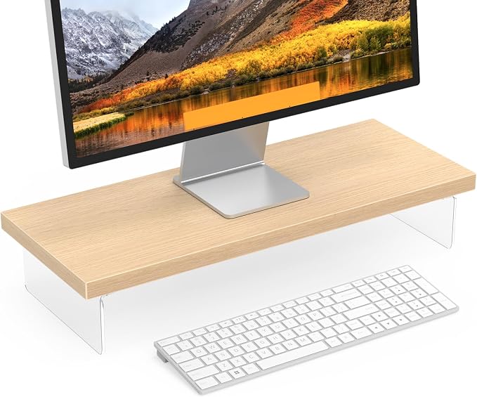 Monitor Stand Riser, 25x10 in Wood & Acrylic Computer Desk Organizer Shelf | Computer Monitor Stand With Wood & Acrylic Design; Works As Laptop Riser, Printer Stand, TV Screen Riser And Desk Organizer. by SSWOOD