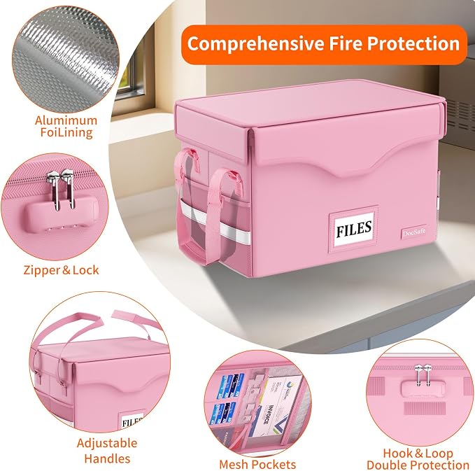 DocSafe 5200°F Fireproof Document Box with Lock,Heat Insulated File Organizer Storage with Pockets,Collapsible Portable Home Office File Safe Box with Handle for Hanging Letter/Legal Folders, Pink - Image 4