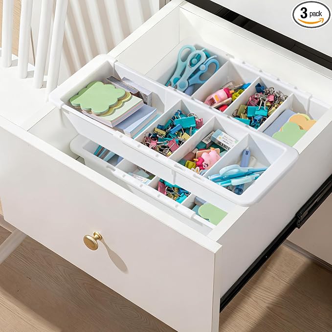 3 Pcs Expandable Drawer Organizer Bins Adjustable Deep Drawer Hanging Organizer Tray Expandable 11.4 to 18.1 Inches Plastic Dividers Storage for Office Bathroom Bedroom Kitchen Desk, White by Unknown
