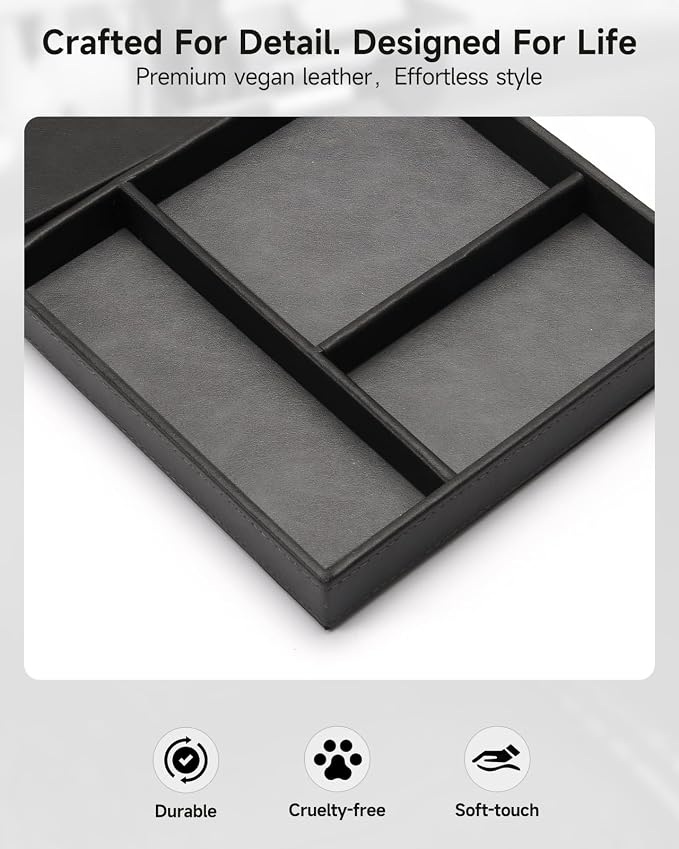 Valet Tray, Built in Wireless Charging Pad, Nightstand Organizer, Two-Toned Premium Vegan Leather Desk Bedside Caddy Organizer Tray for Keys, Watch, Wallet, Jewelry (Black+Gray) - Image 7