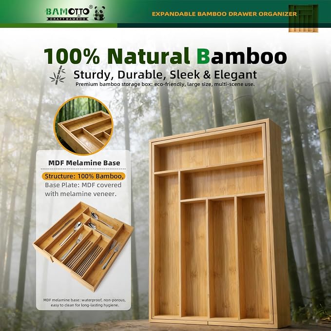 BAMOTTO CRAFTBAMBOO Expandable Bamboo Drawer Organizer for Kitchen, 8 Slot | Silverware & Cutlery Tray | Utensil Holder | 12.8"–20" Adjustable | Office & Bathroom | Flatware Organizer - Image 6