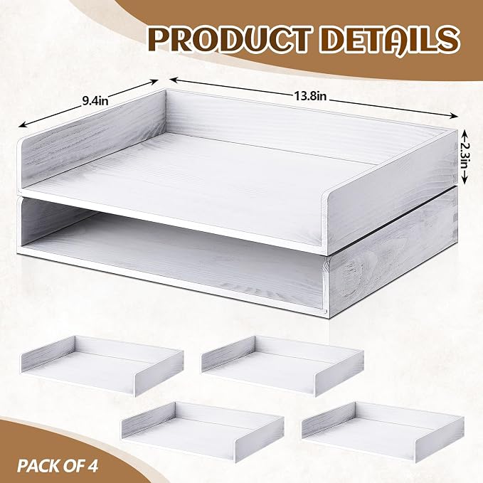 Yeaqee 4 Pcs Stackable Paper Organizer Tray Wood Desk Organizer Letter Tray Paper Holder Desktop Letter Size Office Wooden Desk Shelf Folder Organization Rack for Mail File Document (Vintage White) - Image 2
