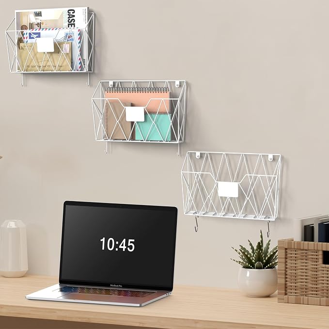 YBING Wall File Organizer White 6 Pack Mesh Hanging File Holder Organizer Metal Wire Mail Organizer Wall Mounted Office Papers Holder Hanging File Folders With Hooks - Image 5