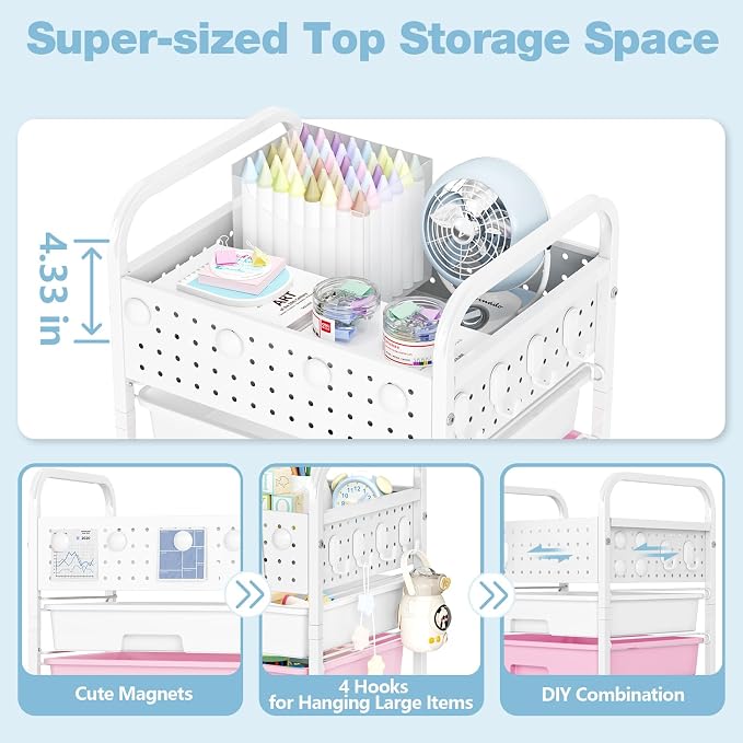 4 Drawer Rolling Storage Cart with Pegboard Top and Hooks, Pink&Blue | Mobile Organizer Cart with Wheels for Office Supplies, Craft Storage, Classroom Organization, Home Utility Cart - Image 4