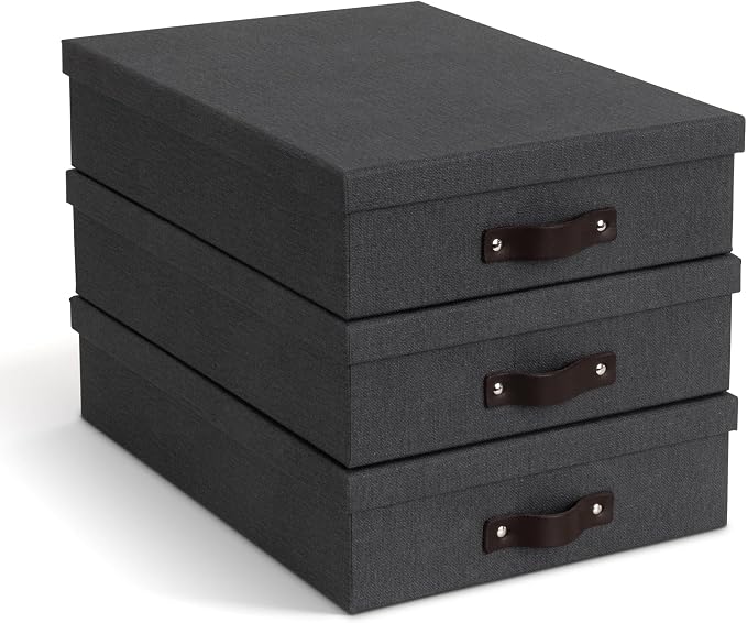 Bigso Oskar Canvas Fiberboard Document Letter Box for Important Paperwork A4 or Letter Size - Durable Keepsake Box with Lid and Leather Handle - 3.3in x 10.2in x 13.8in - Black - 3 Pack by Bigso