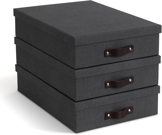 Bigso Oskar Canvas Fiberboard Document Letter Box for Important Paperwork A4 or Letter Size - Durable Keepsake Box with Lid and Leather Handle - 3.3in x 10.2in x 13.8in - Black - 3 Pack by Bigso