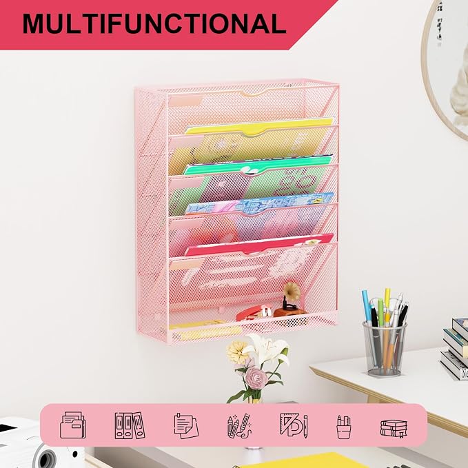 Hanging Wall File Organizer 6 Tier Wall Mounted Mail Paper Folder Holder Document Organization Stand, Vertical Desk Magazine Rack for Office Home Cubicle Countertop, Pink - Image 6