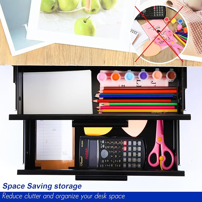 16'' Under Desk Drawer Slide-out Steel Under Counter Drawers Storage Organizer Large Hidden Pull-out Tray for Table Desks Home Office Workstation(Black,2 Layer) - Image 5