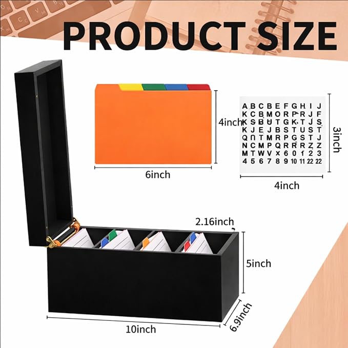 4 x 6 Inch Index Card Holder Set, Bamboo Organizer Box with 50 Dividers & 2 Sheets Alphabet Number Stickers File Note Holders, Holds 1200 Cards for Office Business Home Kitchen, Black - Image 2