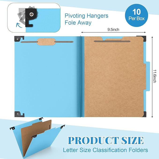 Henoyso 10 Pcs Hanging Classification Folders Bulk with 2 Prongs, 1 Divider Letter Size, 2 Inch Expansions Pressboard File Folder, 1/3-cut Tab File Organizer (1 Divider,Light Blue) - Image 2