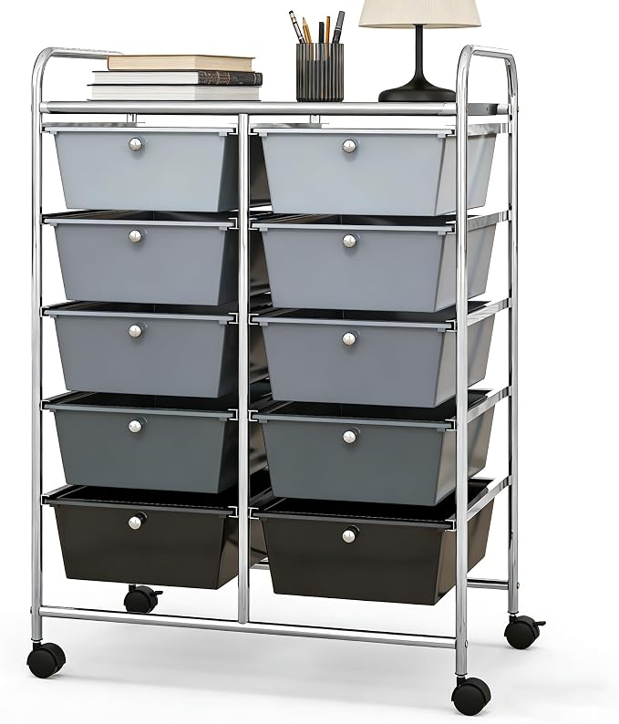 COSTWAY 10 Drawer Rolling Storage Cart, Utility Cart with Lockable Wheels | Mobile Art Supply Craft Organizer with Metal Frame, Multipurpose Drawer Cart for Paper for Office, School, Mixed Black by COSTWAY