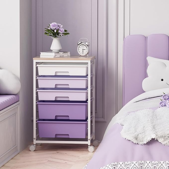 SYKIARIOL Utility Cart with 5 Drawers with Wooden Top,Purple | 5-Tiers Storage Cart with Drawers with Lockable Wheels for Craft Organizers and Storage,Home Office,Classroom,Dorm ,Playroom - Image 2
