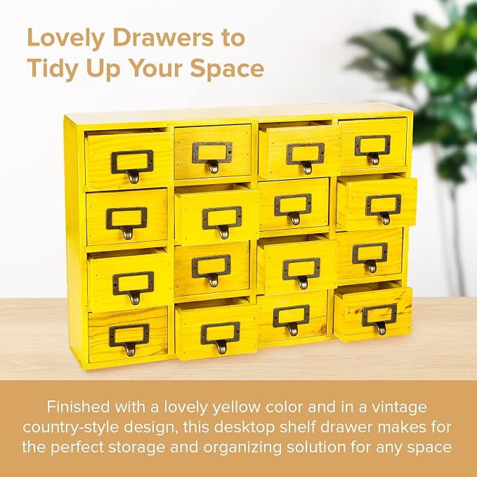 Yellow 16-Slot Wooden Drawer Unit - Country Style Desk Organizer - 20"x3.6”x14” Wooden Storage Box w/ 16 Drawers - Countertop Drawers w/Label Holder & Handle - Slim 4-Level Desk Organizer - Image 3