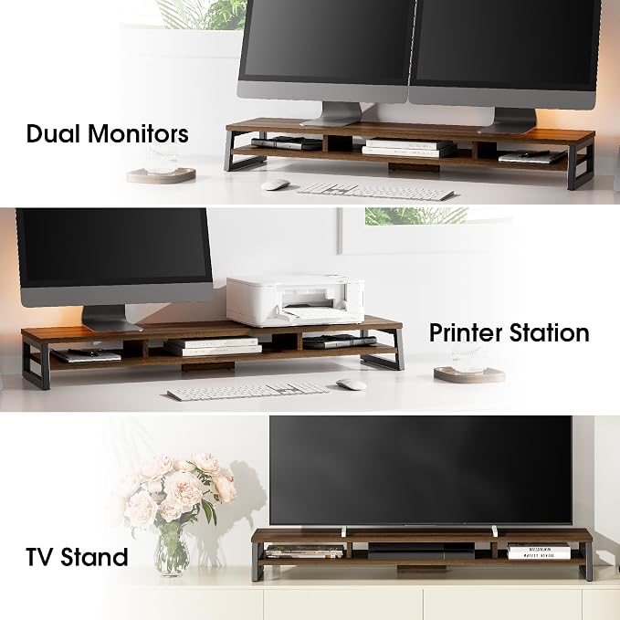 Fenge Dual Monitor Riser for Desk, Open Shelf with 3 Storage Compartments | 42.5in Computer Monitor Stand, 2-Tier Desk Shelf for Top of Desk,One-Piece Panel, fit Ultrawide Monitor, PC, Laptop, Brown - Image 9