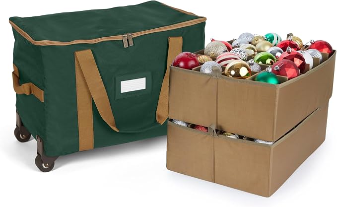 Covermates Keepsakes Rolling Adjustable Ornament Storage Bag – Heavy-Duty Polyester, FlexGrid Trays & Padded Dividers – Protective Holiday Organizer with Wheels, Handles & ID Window, Green by Covermates
