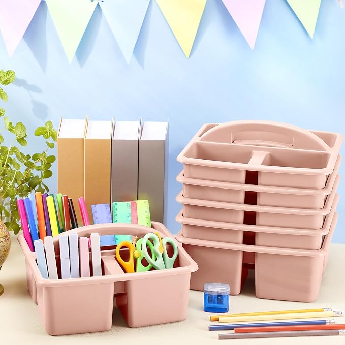 Lineshading 12 Pcs Classroom Caddy with 3 Compartment - Multipurpose Portable Plastic Storage Table Caddies with Handles for School Home Office Organizer(Flesh Pink) - Image 4