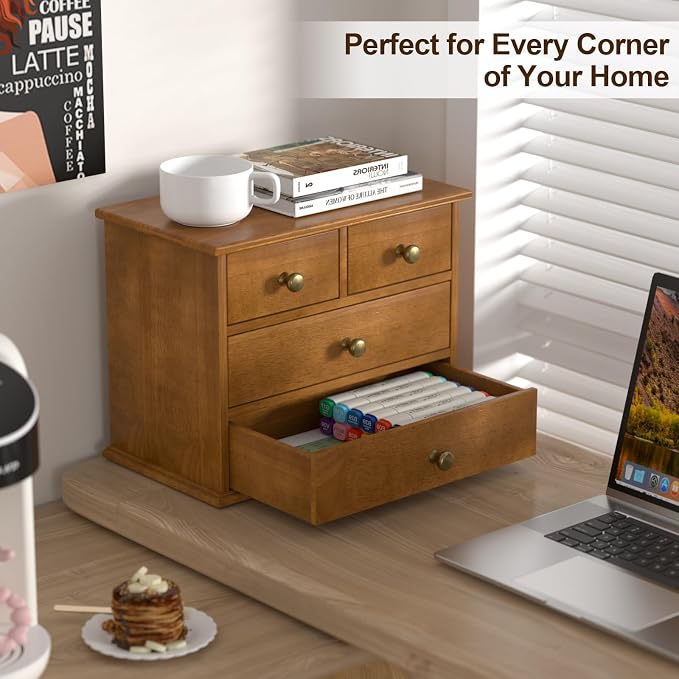 Oak Desk Organizer with Drawers, Durable Wooden Desktop Storage Box | 4 Drawer Tabletop Organizer with Metal Handles & Non-Slip Pads for Office, Bedroom, Bathroom, Vanity & Makeup Storage, Walnut - Image 4