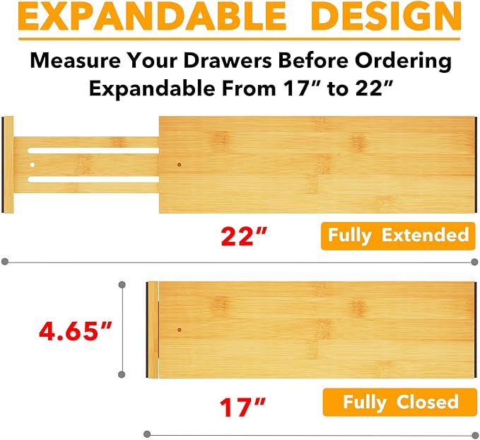 SpaceAid Bamboo Dresser Drawer Dividers 6 Pack, 4.65“ High Adjustable 17“-22” Drawer Organizers, Expandable Organization for Clothing, Clothes, Dressers, Natural - Image 3