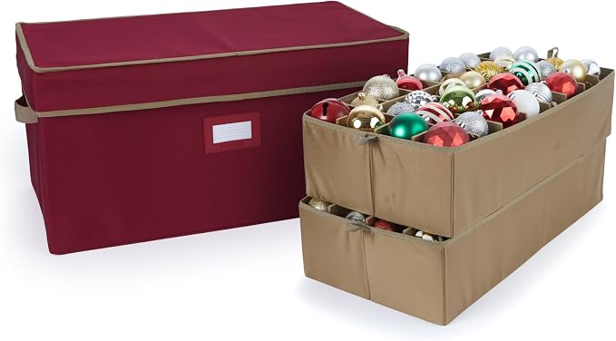 Covermates Keepsakes Adjustable Ornament Storage Box – Heavy-Duty Polyester, Padded Dividers & FlexGrid Trays – Protective Holiday Organizer with Stackable Walls & Label Window, Red by Covermates