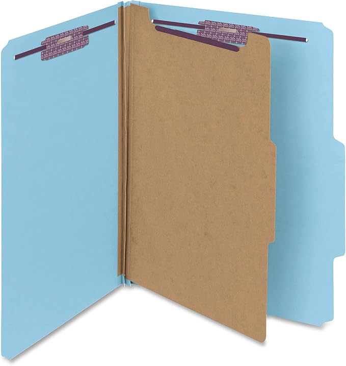 Smead Pressboard Classification File Folder with SafeSHIELD Fasteners, 1 Divider, 2" Expansion, Letter Size, Blue, 10 per Box (13730) (Pack of 1) - Image 2