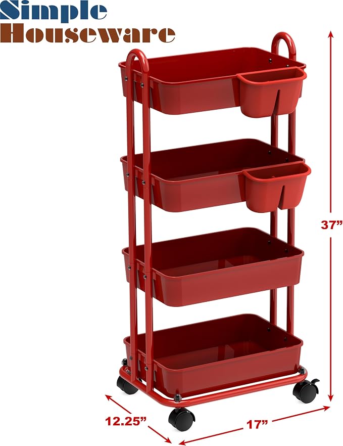 Simple Houseware 4-Tier Rolling Utility Cart with Hanging Bucket, Red | Storage for Bathroom, Kitchen, Office, Study Room, Nursery Diaper - Image 6