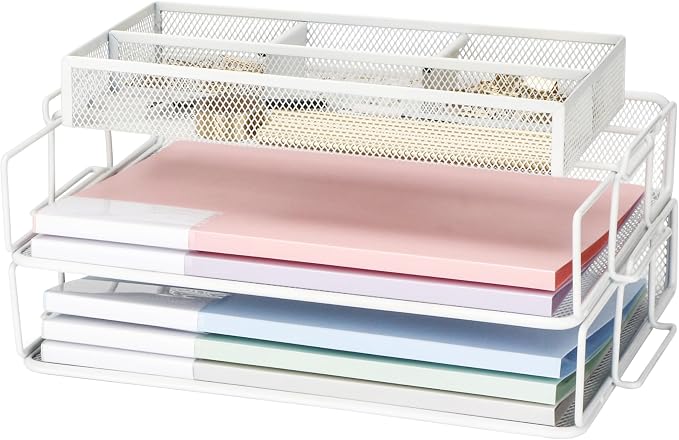 EXERZ Stackable Letter Trays 2 Pack with Memo Holder Desk Organiser White | Two Tier A4 File Storage With Divided Accessory Sections For Notes Pens Clips And Everyday Desk Essentials - Image 3