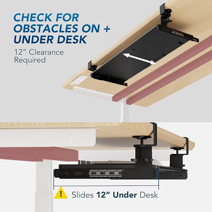 Keyboard Tray Under Desk Pull Out with Extra Sturdy Adjustable C Clamp Mount System, 27.3 (32.5 inch Including Clamps) x 11 Inch Slide-Out Platform Computer Drawer for Typing, Black,AX01WB01 - Image 6