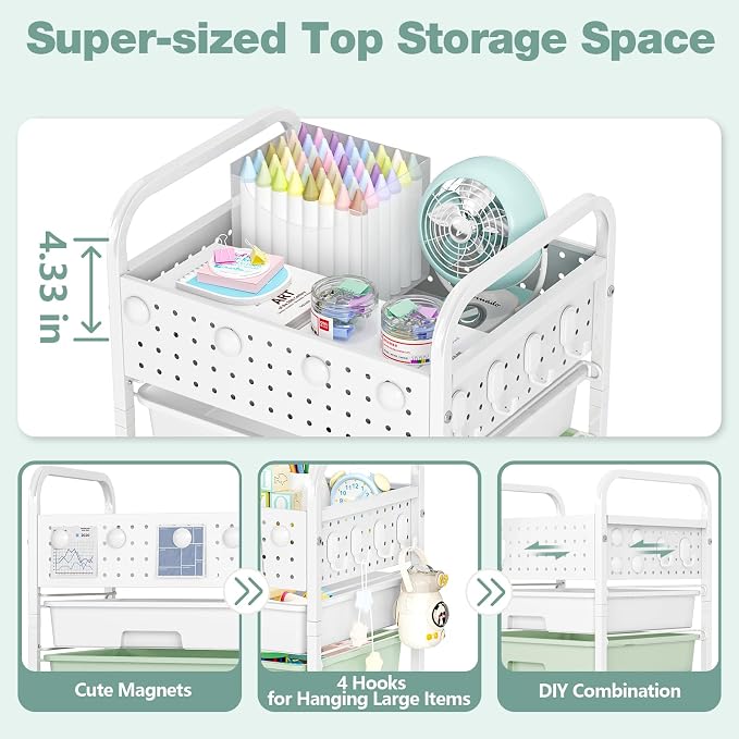 5 Drawer Rolling Storage Cart with Pegboard Top and Hooks, Gradient Green | Mobile Organizer Cart with Wheels for Office Supplies, Craft Storage, Classroom Organization, Home Utility Cart - Image 4