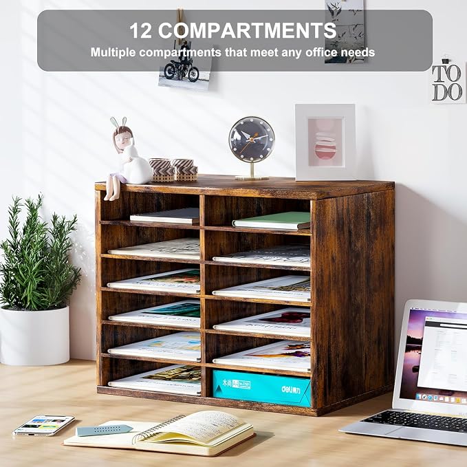 Countertop Mail Sorter Organizer, Wooden Literature Organizer, Student Mailbox for Classroom, Desktop Bill Organizer for Office Home School, 12 Compartments, Antique Brown - Image 4