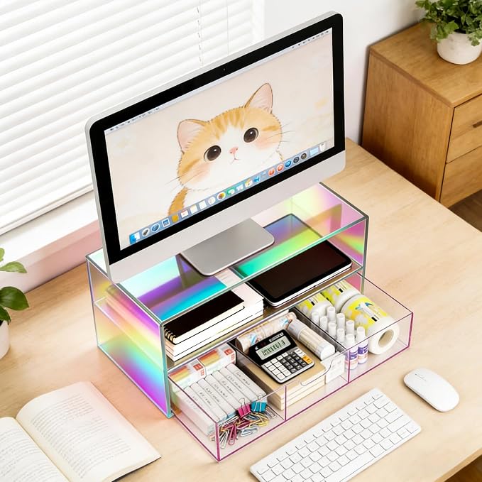 Gelite Acrylic Computer Monitor Stand for Desk Monitor Riser with Drawer Desktop Monitor Shelf with Storage, Iridescent - Image 6