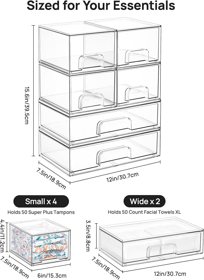 Vtopmart Stackable Storage Drawers Set of 6, Clear Plastic Organizer Bins for Bathroom Supplies, Ideal for Cabinet,Shelf, Pantry, Laundry Room Organization - Image 2