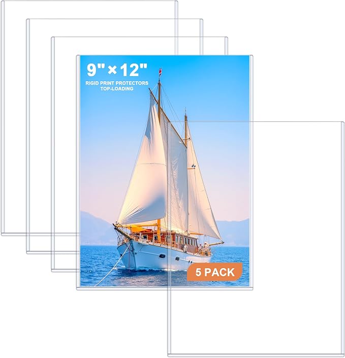 Ndsox 5 Pack 9" x 12" Rigid Print Protectors Clear Hard Plastic Sheet Protectors Top-Loading Photo Posters Sleeves Heavy Duty No-Hole Rigid Menu Holders for Artworks, Prints, Photographs, Documents by NDSOX