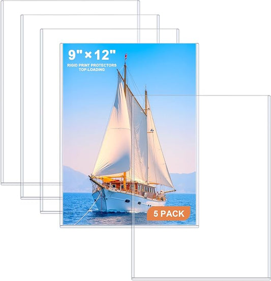 Ndsox 5 Pack 9" x 12" Rigid Print Protectors Clear Hard Plastic Sheet Protectors Top-Loading Photo Posters Sleeves Heavy Duty No-Hole Rigid Menu Holders for Artworks, Prints, Photographs, Documents by NDSOX