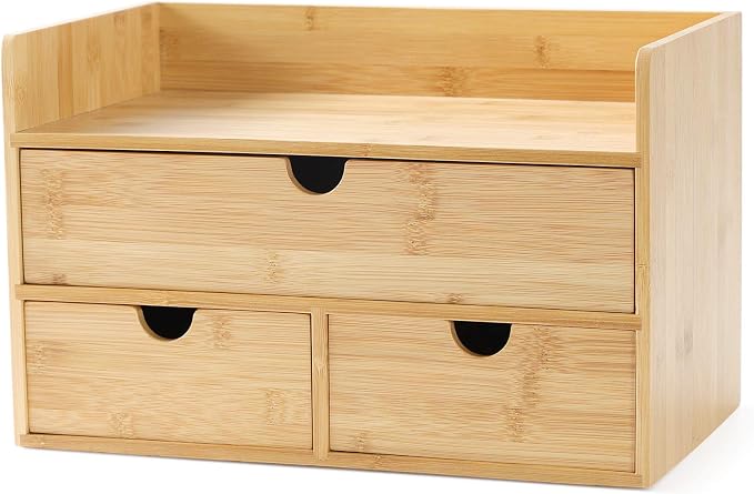 Bamboo Desk Organizer with Drawers, 3-Drawer Desktop Storage Box | 3 Drawers Open Top Tray Fully Assembled Stores Pens, Notes, Makeup, Jewelry & Toiletries for Office, Vanity & Bath by Wisuce