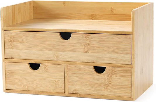 Bamboo Desk Organizer with Drawers, 3-Drawer Desktop Storage Box | 3 Drawers Open Top Tray Fully Assembled Stores Pens, Notes, Makeup, Jewelry & Toiletries for Office, Vanity & Bath by Wisuce