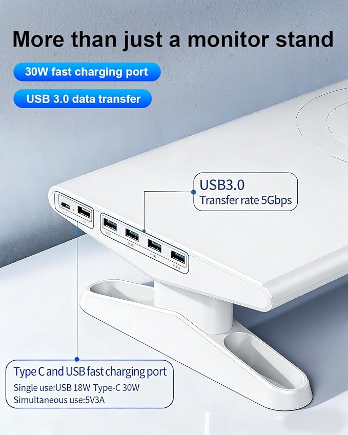 Computer Monitor Stand Riser for Desk with Usb Hub Charging,30W/5Gbps Usb C Docking Station with Power,4.4-5.7'' Height Adjustable with Phone Holder,Monitor Stands Riser for PC,Laptop,Printer(White) - Image 2