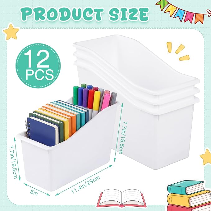 12 Pcs Book Bins for Classroom Plastic Binder Holder Magazine Stuff Folder File Organizer Box for Home Office School Supplies (White) - Image 3