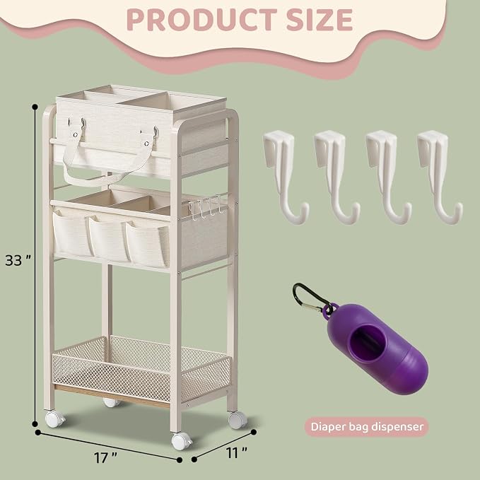 Baby Diaper Caddy Organizer and Storage,2In1 Baby Cart Organizer-Baby Diaper Caddy+3 Tier Rolling Cart for Baby Nursery,Baby Bedside Cart,Easy Assembly,Beige - Image 2