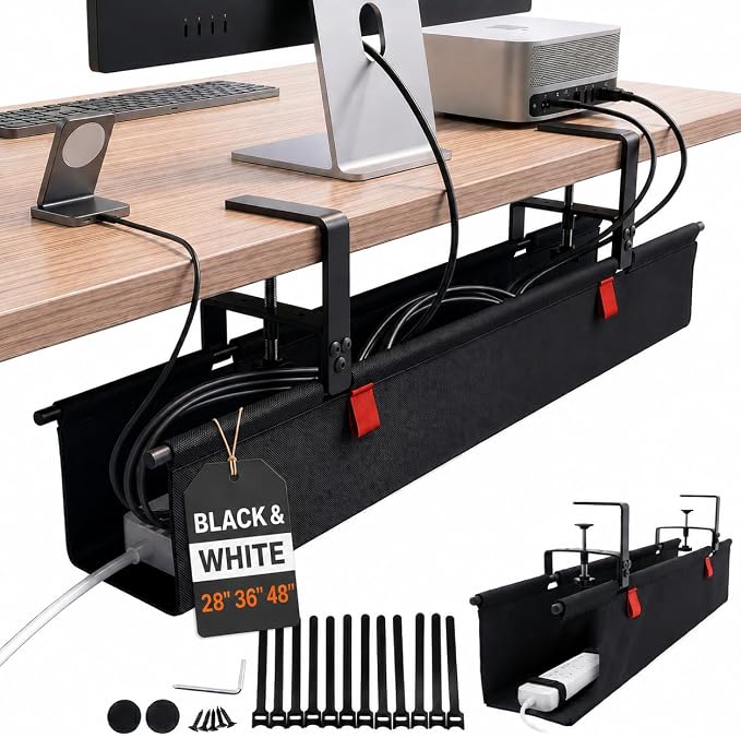 Under Desk Cable Management Tray 36" — No Drill Clamp-On Cord Organizer for Desk with Built-in Ties, Heavy Duty Metal Clamp, Foldable 600D Oxford Fabric for Home Office, WFH & Gaming PC Setup (Black) by Unknown