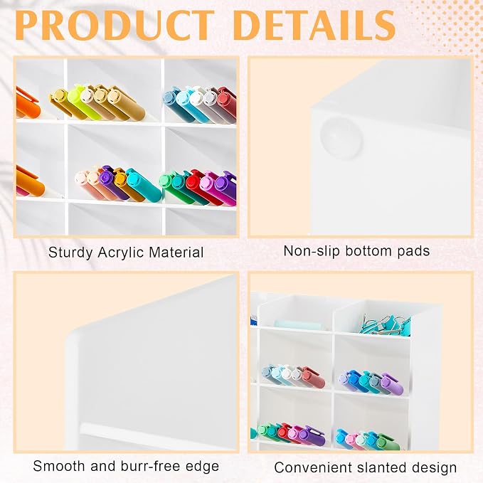MotiMind Acrylic Pen Organizer Storage for 200 Markers Vertical Marker Organizer Acrylic Pen Display Holder for Office Desk Desktop Stationery Pencil Storage, White, 13 x 4 x 10.2 Inch - Image 3