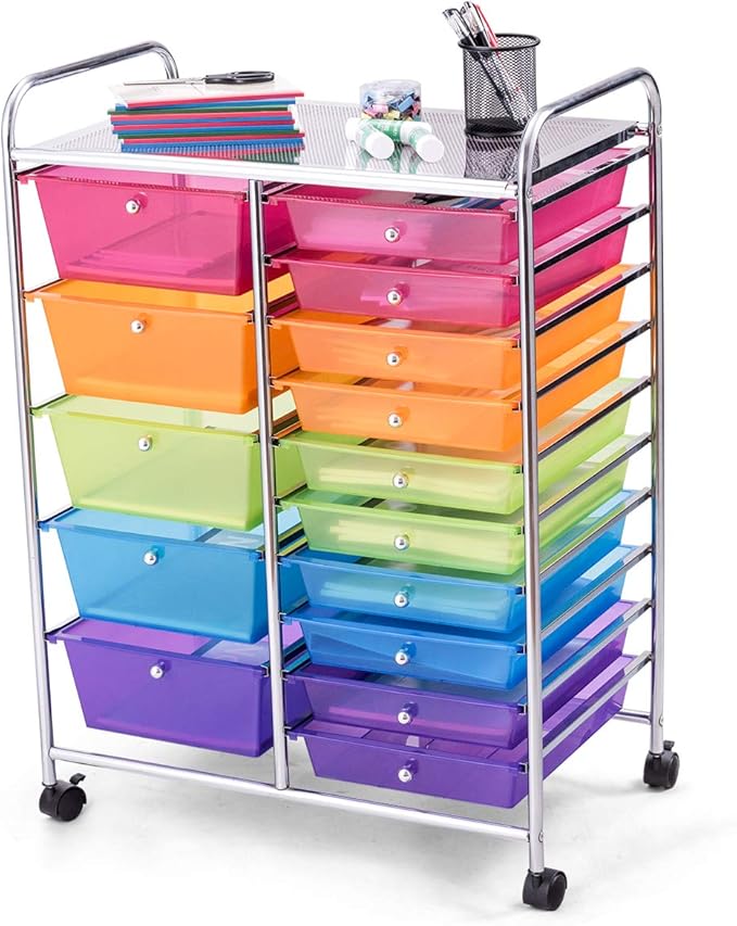 GOFLAME 15-Drawer Rolling Storage Cart, Craft Storage Cart with Removable Drawers & Lockable Wheels, Art Cart Supply Storage Organizer for Home Office Classroom, Rainbow by GOFLAME