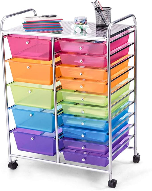 GOFLAME 15-Drawer Rolling Storage Cart, Craft Storage Cart with Removable Drawers & Lockable Wheels, Art Cart Supply Storage Organizer for Home Office Classroom, Rainbow by GOFLAME
