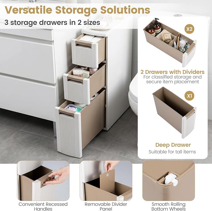 Giantex Set of 2 3-Tier Narrow Storage Cabinet, Slim Rolling Cart with 3 Drawers & 2 Removable Dividers, Plastic Storage Organizer with Wheels for Small Spaces Bathroom Kitchen - Image 6