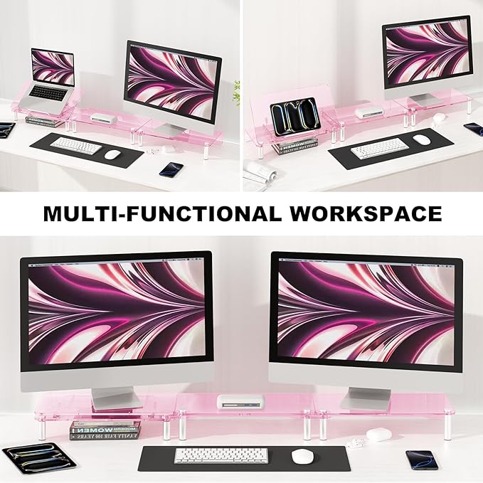 Pink Acrylic Dual Monitor Stand Riser,Laptop Riser Adjustable to 8 Angles | Double Computer monitor riser for desk for 2 Monitors,Desktop organizer Stand for Laptop,PC,Printer,TV，Cute Desk Accessories - Image 5